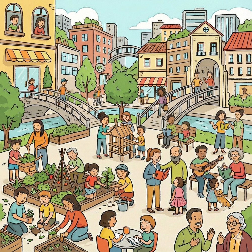 Illustration d'une ville participative et vivante